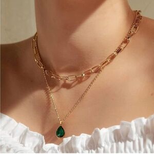 Gold 18k Gold Plated Cubic Zirconia Waterdrop 2pc Chain Necklace Set
